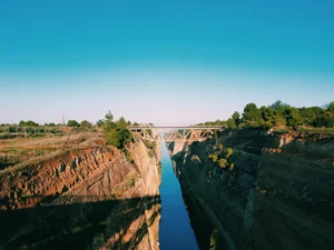 The Corinth Canal cutting through the Isthmus of Corinth — Corinth, Temple of Hera and Blue Lake private full day trip from Athens