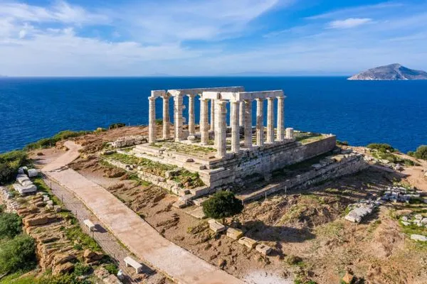 Temple of Poseidon at Cape Sounio above the Aegean, a half day trip from Athens
