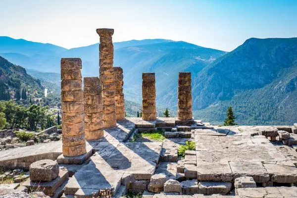 Ancient Delphi archaeological site beneath Mount Parnassus, a full day trip from Athens