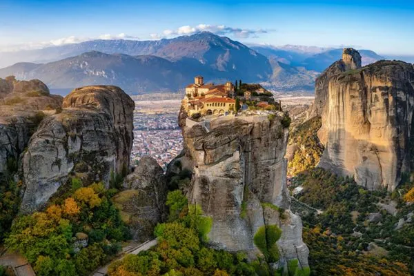Meteora monasteries on their rock pillars above Kalambaka, a day trip from Athens
