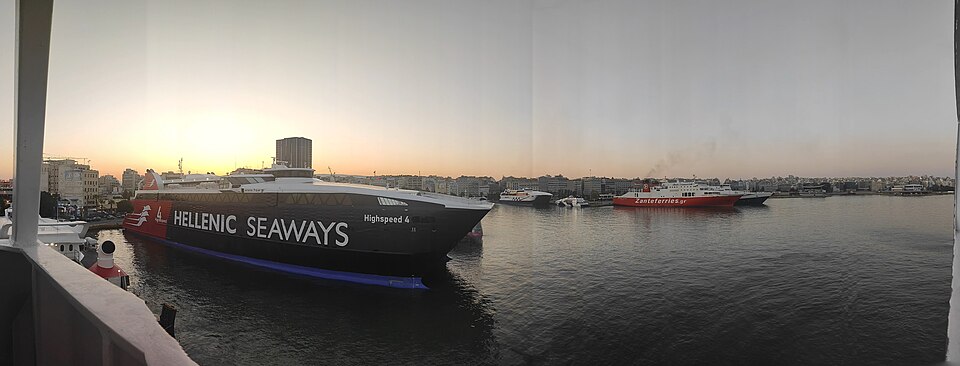Hellenic Seaways ferry alongside the Piraeus waterfront, photographed in 2021
