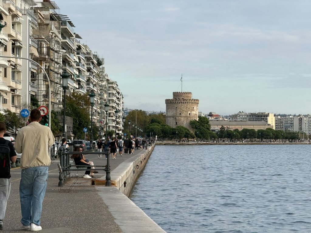 Thessaloniki waterfront and White Tower; illustrative stock photograph, not TransferHub fleet or an actual pickup point