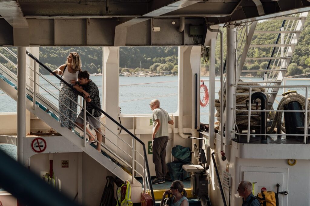 Ferry-deck travel context for a Rafina onward-pickup guide; illustrative stock photograph, not TransferHub fleet or an actual pickup point